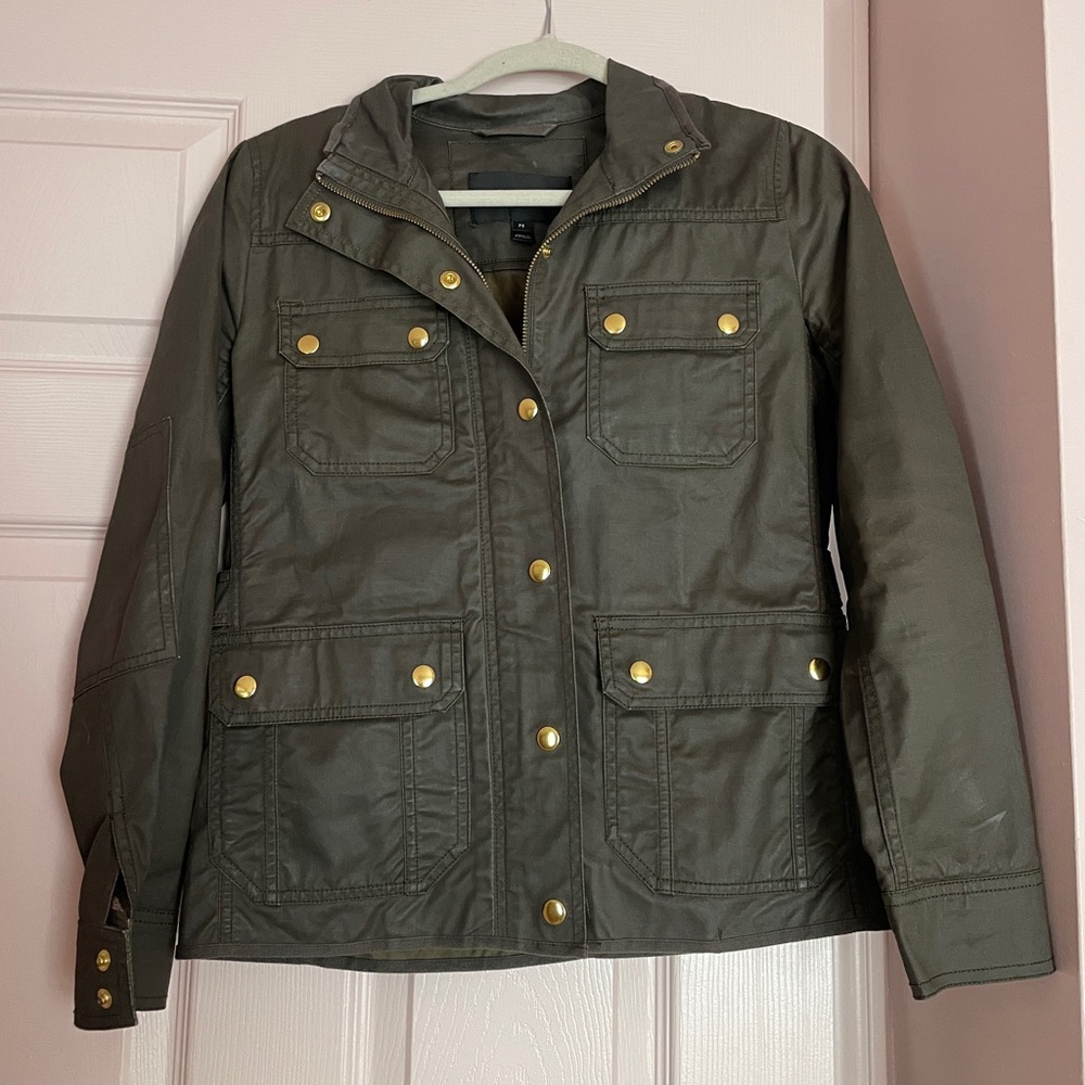 J Crew Field Jacket Olive Green Waxed military barn size small petite